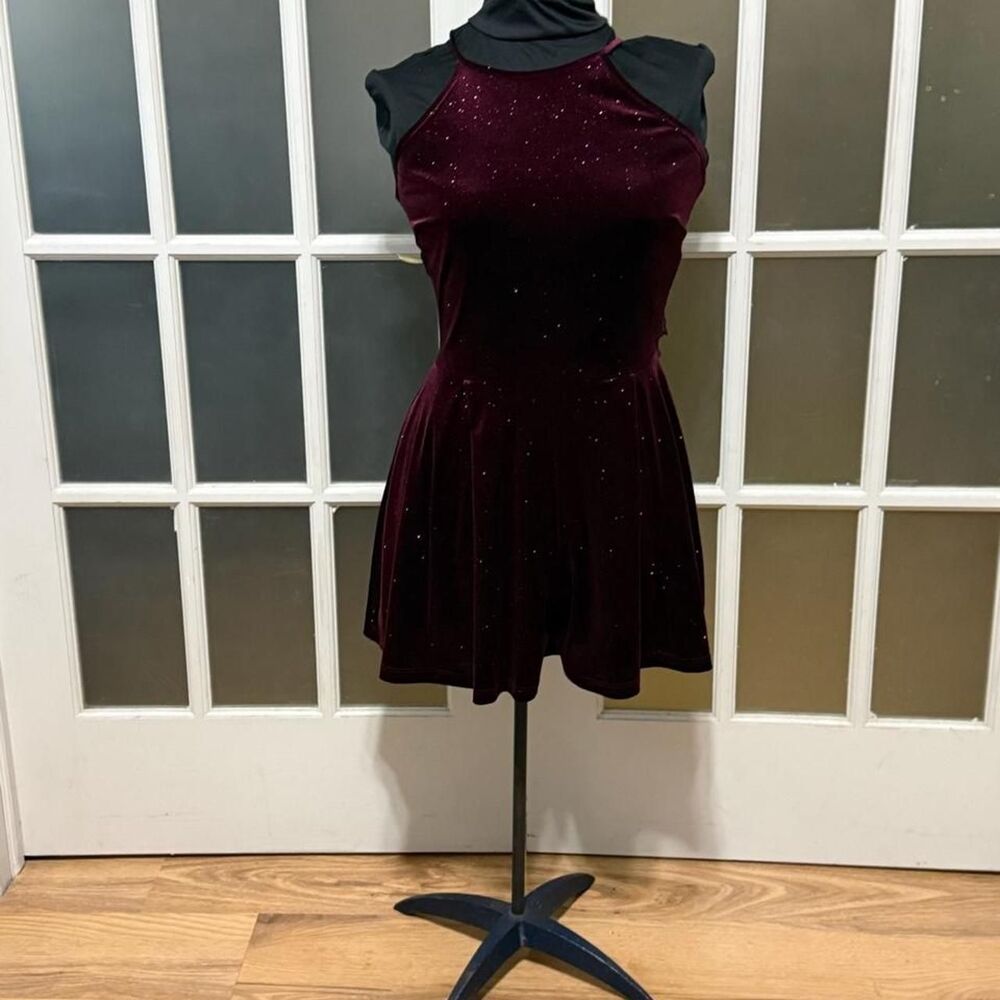 Windsor Burgundy Glitter Velvet Skater Halter Romper